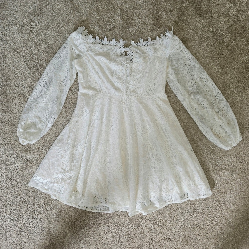 Lace Dress Women Large White Off-Shoulder Long Sleeve Skater Coquette Bridal